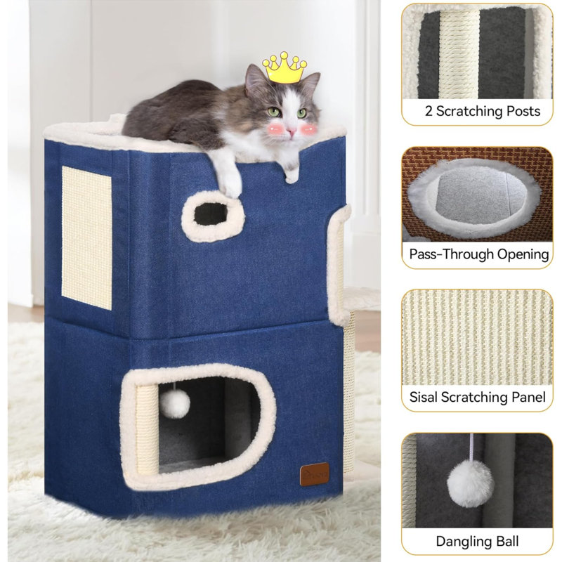Maison pour chat à 2 niveaux, maisonnette pour chat avec grotte, tunnels pour chat avec patin à griffes et cube caché, joli mobilier de chat moderne pour plusieurs petits chats, allongé (bleu)