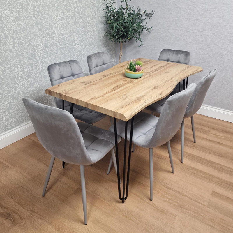 Wooden Dining Table and 6 Velvet Chairs - Stylish Dining Room Furniture, Grey, 75cm H x 140cm W x 80cm D