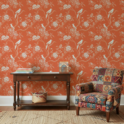 Floral Wallpaper Birds Orange Wall Mural
