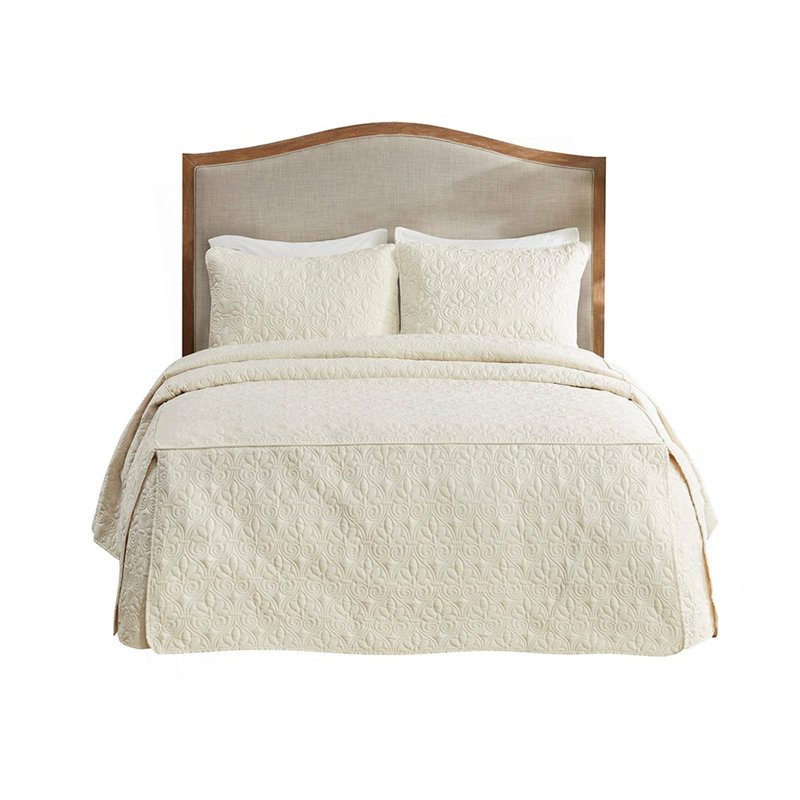 3 Piece Split Corner Pleated Quilted Bedspread Cream Queen