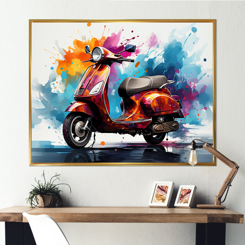 " Graffiti Scooter Delight II ", 24" H x 32" W x 1" D, Gold Floater Framed