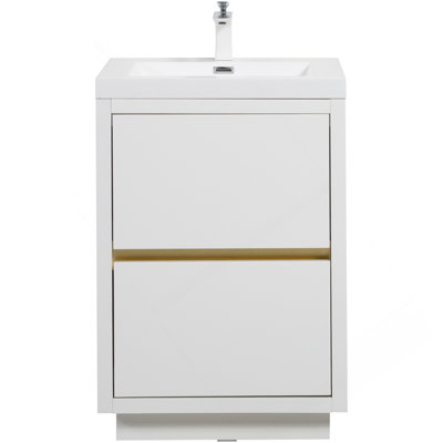 Meuble-lavabo autoportant de 24 po avec lavabo, meuble-lavabo avec comptoir en résine de pierre et tiroirs à fermeture douce, blanc brillant