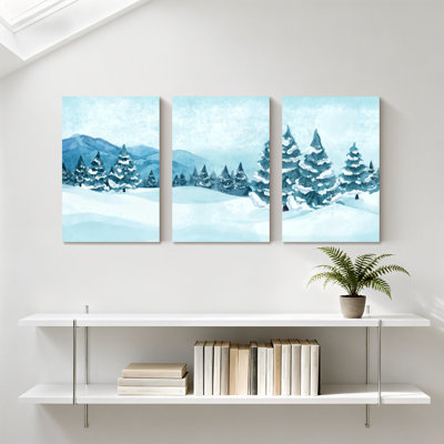 Hiver, forêt, paysage d'hiver, montagnes enneigées, ensemble de 3 impressions sur toile bleu ciel