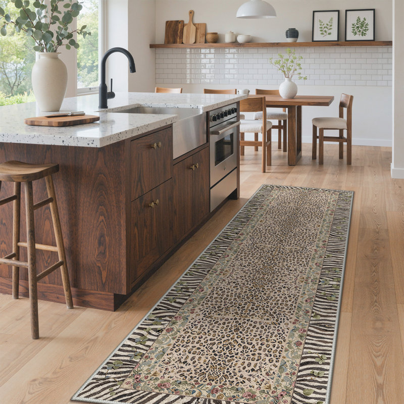 Alissa Liora Boho Leopard Floral Machine Washable Brown / Green / Beige Indoor Area Rug with Non-Slip Backing