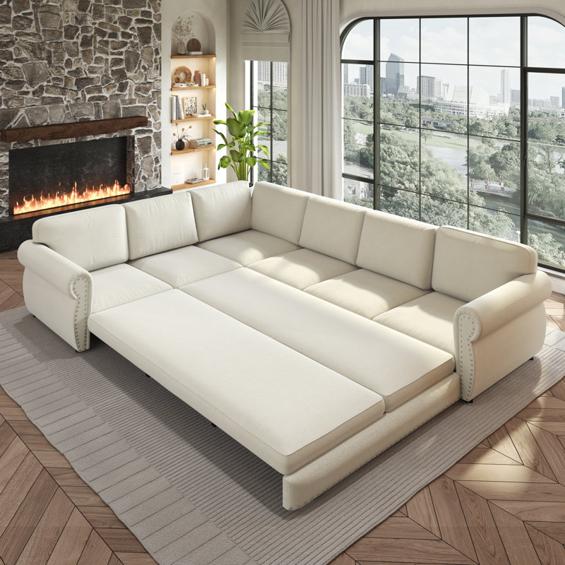 118" Oversize Convertible Sleeper Sofa With Nailhead Trim, Upholstered Sofa Couch With Pull-Out Bed, Beige Chenille