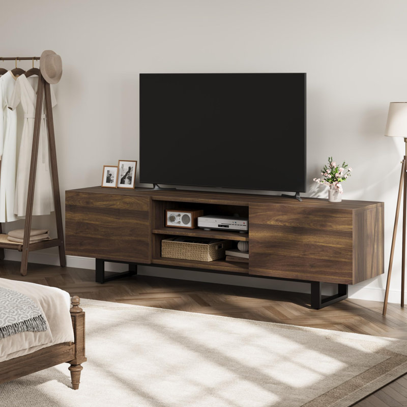 Meuble télé 60 pouces avec pieds en métal et 2 tiroirs avec meuble multimédia en bois brun