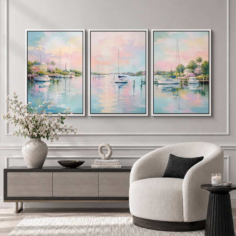«Pastel Coastal Harbor Sail Sailers», reproduction de giclée sur toile encadrée 3 pièces, 36" H x 72" W x 1.5" D, White Frame