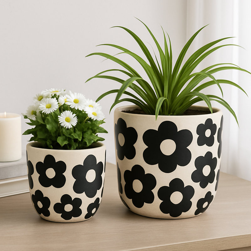 Sagebrook Home 2-Pieces Flower Power Planters, Light Green, Black/White