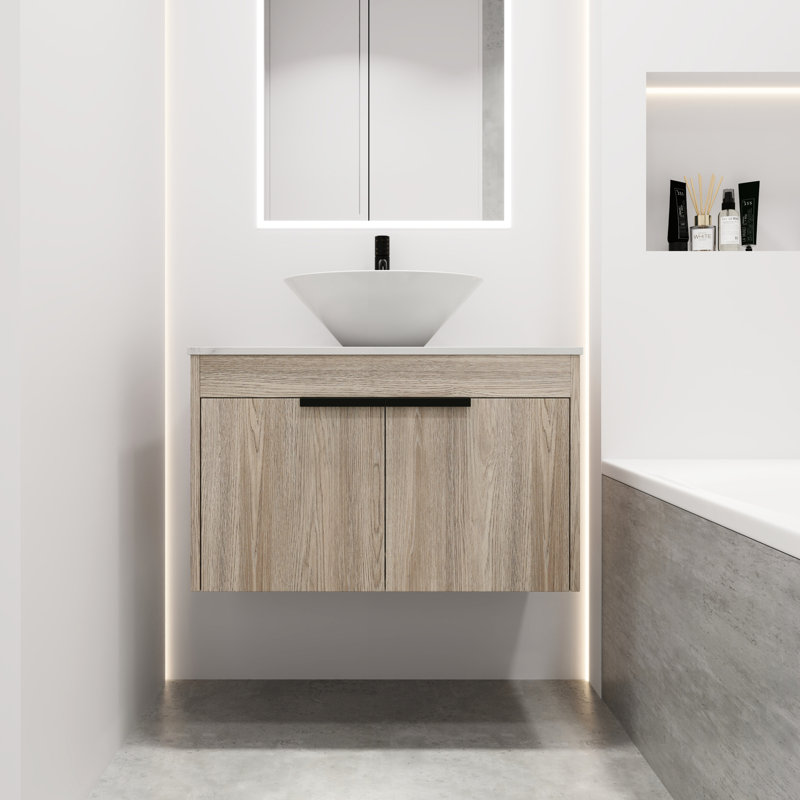 Meuble-lavabo mural 30 po avec lavabo en céramique, armoire en chêne blanc, porte à fermeture douce et poignées en métal