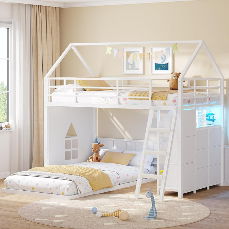 Bunk Bed Twin Over Twin With 6 Storage Drawers And 3 Open Bins, House Bunk Bed With Led Lights, L-Shaped Low Bunk Beds With Safety Guardrail & Ladder, Metal Floor Twin Bunk Bed, White