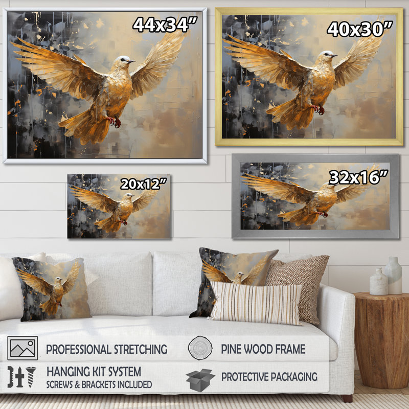 Golden Dove Grace - reproduction d'art murale colombe, Cadre flottant doré, H 16 po x l 32 po x P 1 po