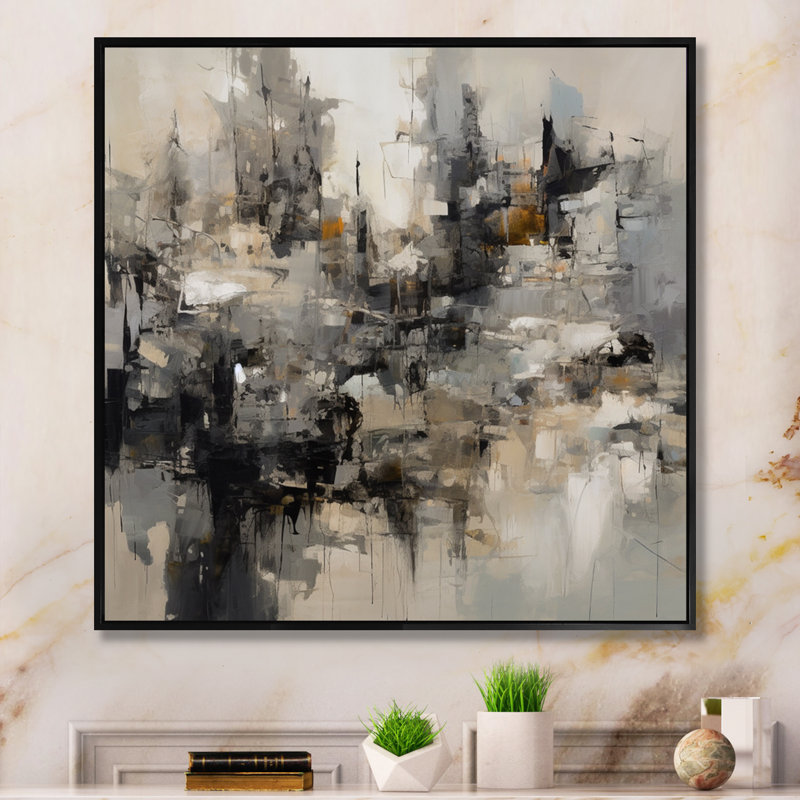 «Grey Black Inner Worlds of Marble I», reproduction d'art sur toile encadrée géométrique abstraite, Cadre flottant noir