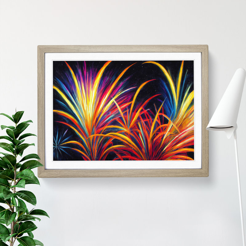 Flourishing Fireworks - Single Picture Frame Painting, 25cm H x 34cm W x 2cm D, Oak