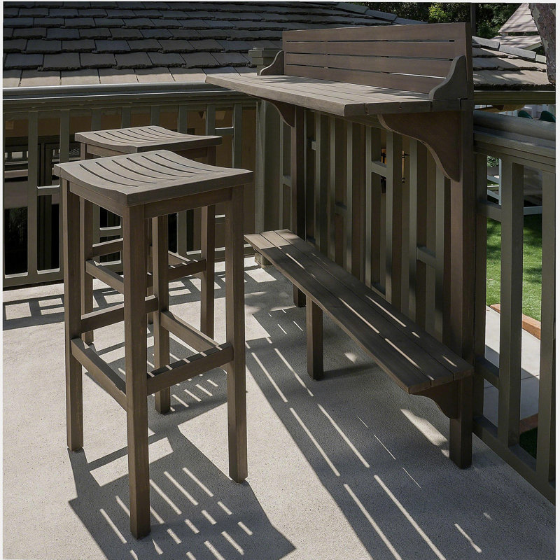 3-Piece Balcony Bar Set with Bottom Shelf Table and 2 Stools, Grey Finish