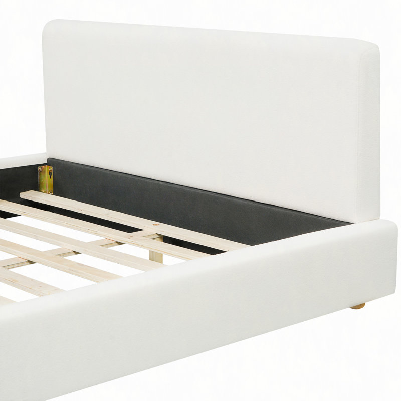 Lit plateforme capitonné en tissu bouclé avec tête de lit, style moderne, sommier à lattes en bois, sans sommier tapissier, montage facile