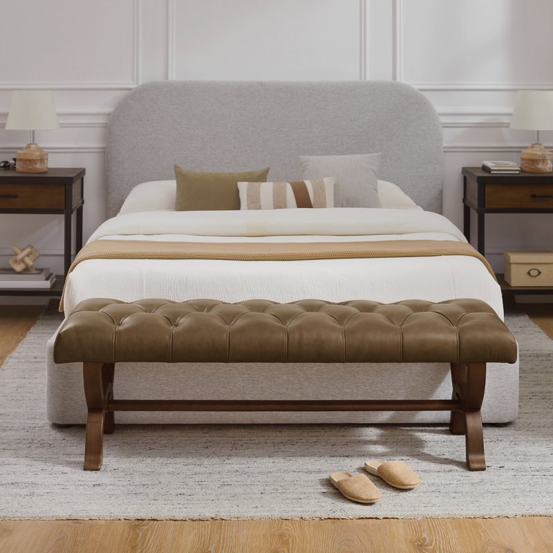 Herman 59.45 " W Tufted Full Grain Genuine Leather Upholstered Bench with Solid Ash Wood Frame, Brown