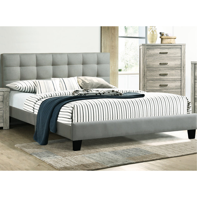 Lit de chambre à coucher de style moderne: tête de lit tapissier gris et lit double en polyfibre, Gris clair, Lit double
