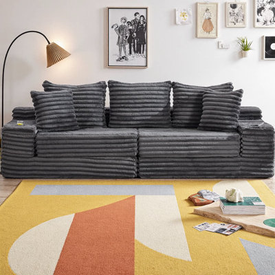 107" Oversized Corduroy Cloud Sofa with Cup Holders & Side Pockets, Sofa Bed Boneless Sectional with Memory Foam, 650 lb Capacity, No Assembly Required for Living Room, Bedroom