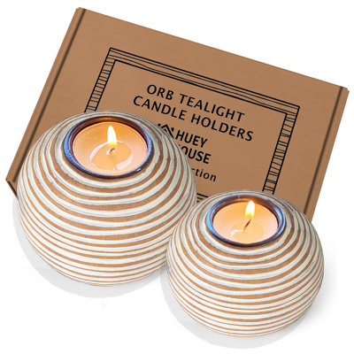 2 bougeoirs orbes, centres de table pour salle à manger ou salon, spa, salle de bain, comptoir de cuisine, manteau de cheminée ou table basse (brun clair et blanc)