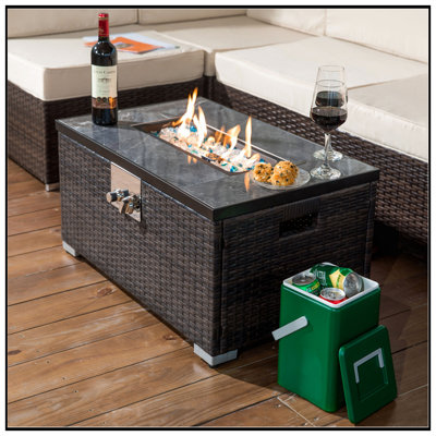 Table de foyer au gaz propane 32 po, foyer rectangulaire de 50 000 BTU, plateau de table en carrelage avec une belle base en osier pour la terrasse extérieure du jardin - brun