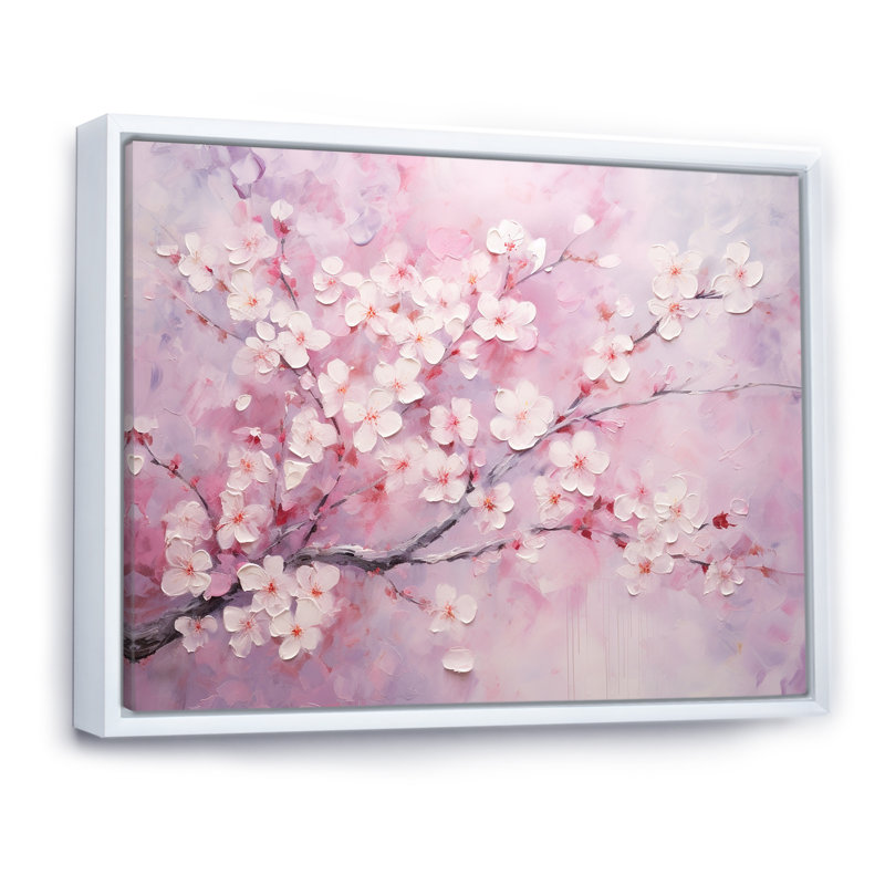 Minimalisme cerisier rose sur toile, Cadre flottant blanc, H 30 po x l 40 po x P 1,5 po