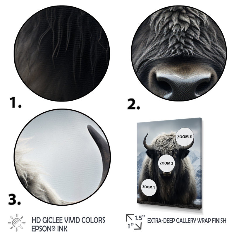 Portrait de yaks noir et blanc III, reproduction d'art sur toile, H 32 po x l 16 po x P 1 po, Argent