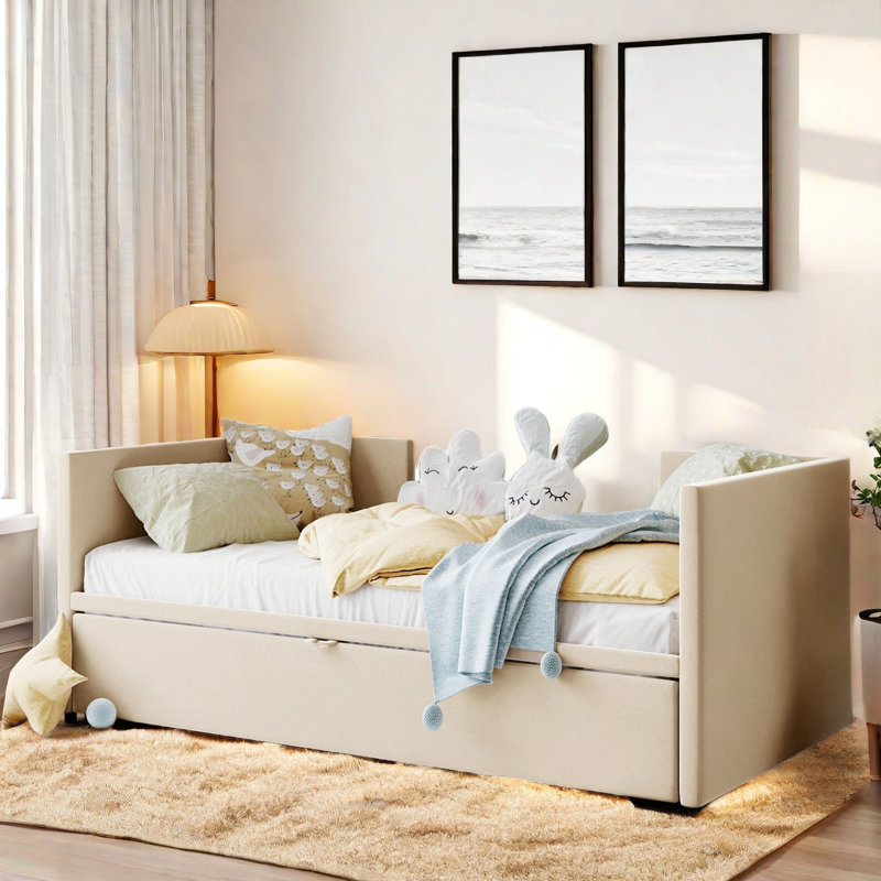 Lit de jour rembourré avec lit gigogne, Beige