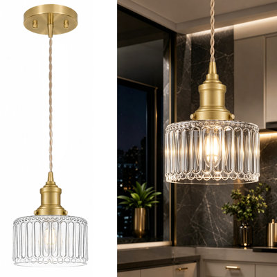 Brushed Gold Pendant Light, Clear Striped Glass Shade, Adjustable Hanging Kitchen Island Light, 6.9 Inch Pendant Light For Kitchen Island, Hallway, Entryway