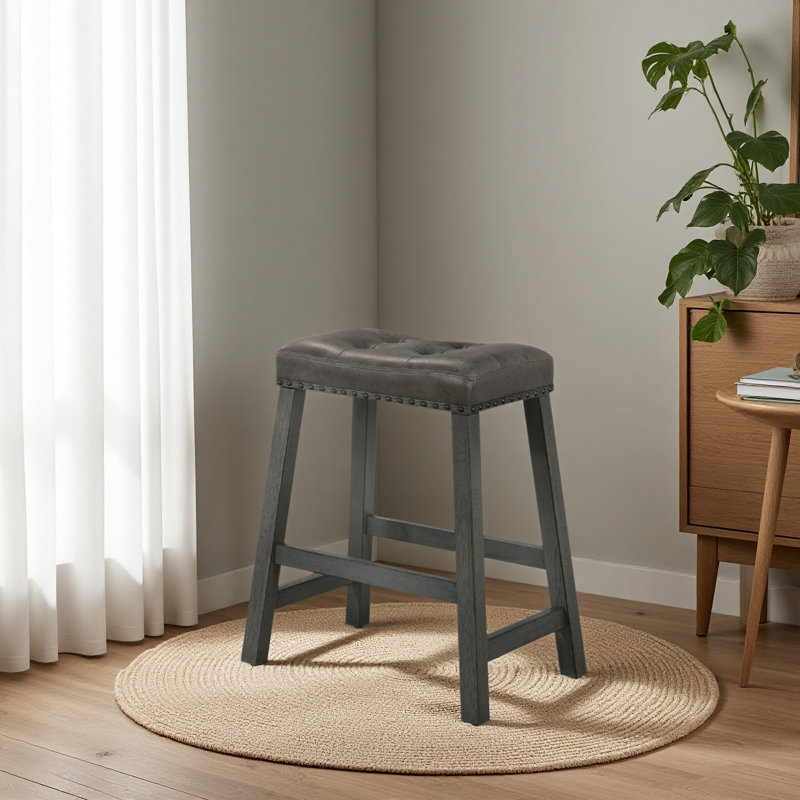 Set Of 2 Rustic Counter Stools, 25-Inch Backless Wooden Farmhouse Barstools With Faux Leather Seat, Distressed Finish, Space-Saving Design