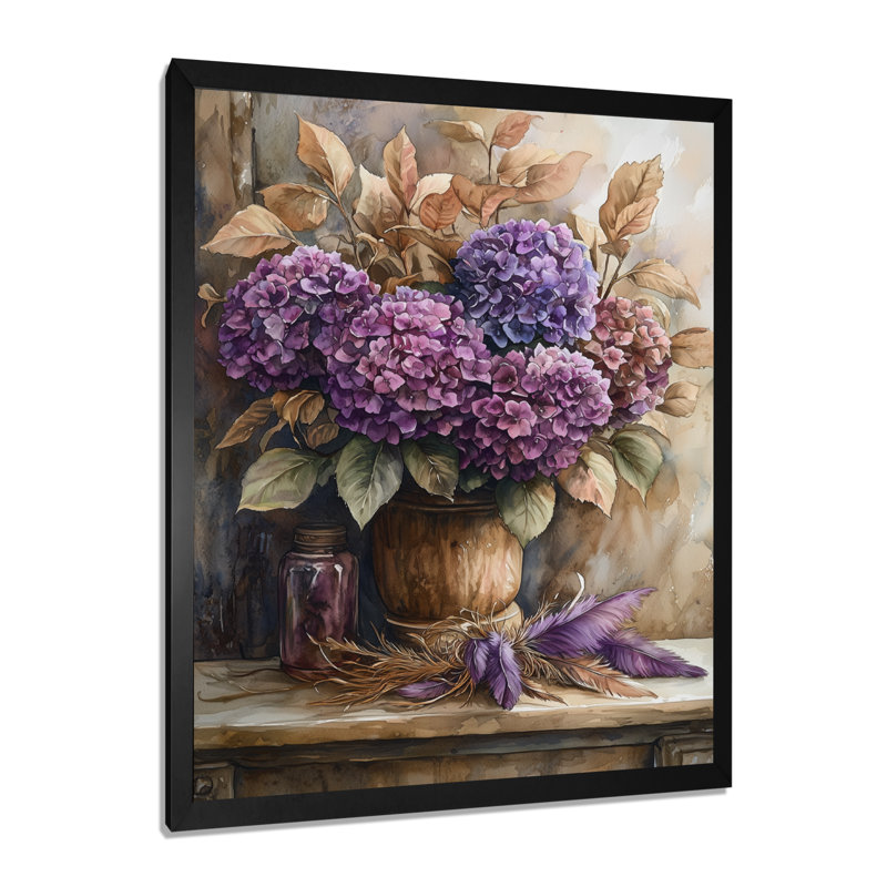 Hortensias avec plumes - Art mural floral, H 44 po x l 34 po, Noir, Reproduction encadrée d'une seule photo