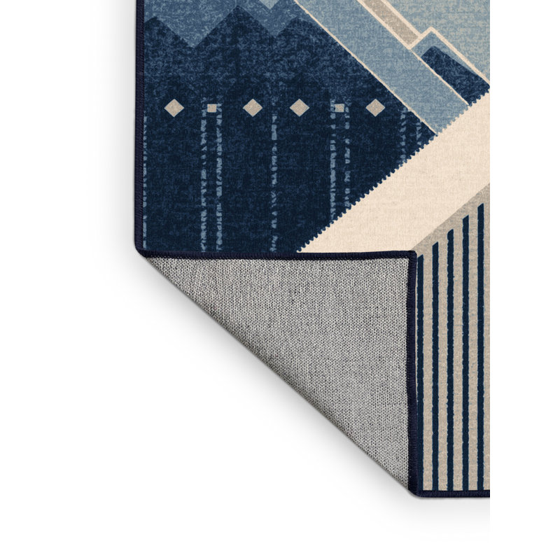 Machine Washable Manhasset Global Inspired Block Print Rug in Blue – Navy Binding, 3' Round