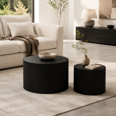 Modern Round Nesting Coffee Table Set of 2 with Fluted Embossed Design