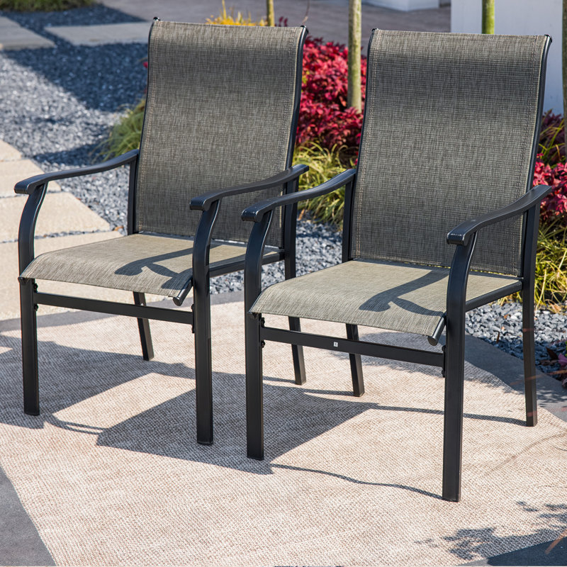 Upgraded PVC-coated polyester Outdoor Dining Chairs (Set of 2) with High Back & Wide Seat, Powder-Coated Metal Frame, Brown