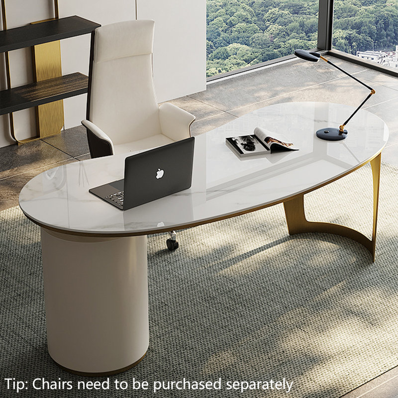 Modern Simple Light Luxury Advanced Multi-Functional Desk, White/Gold, 28.74" H x 55.12" W x 27.56" D