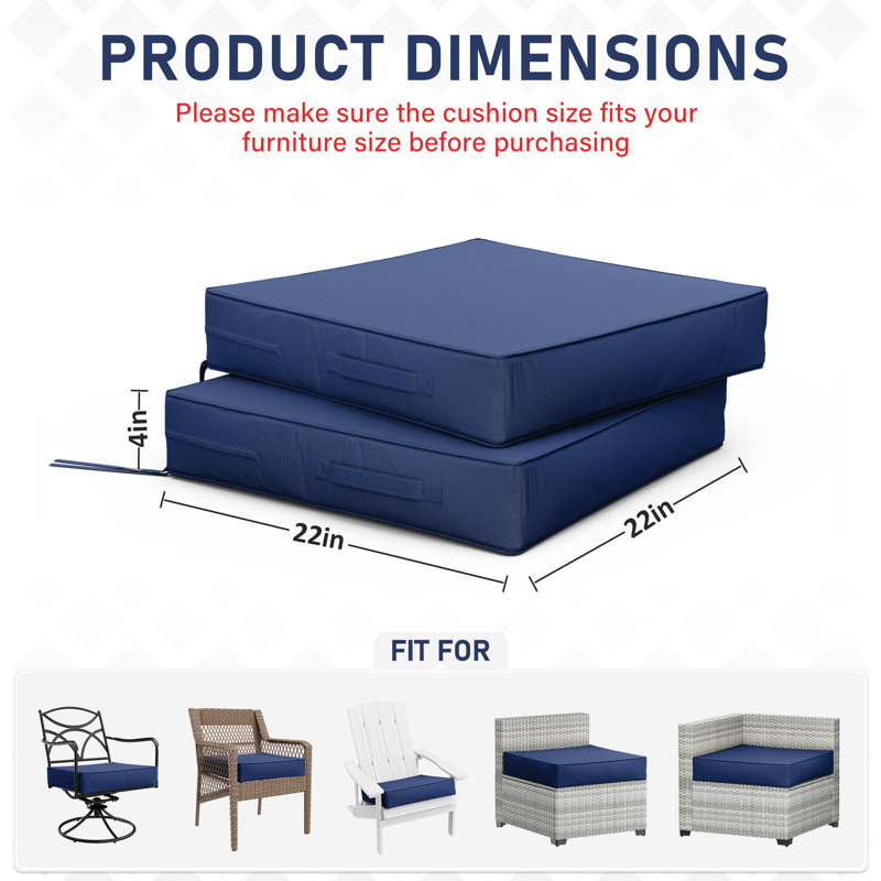 Coussins de siège d'extérieur (ensemble de 2), Bleu, 4 pouces, L 22 po x P 22 po