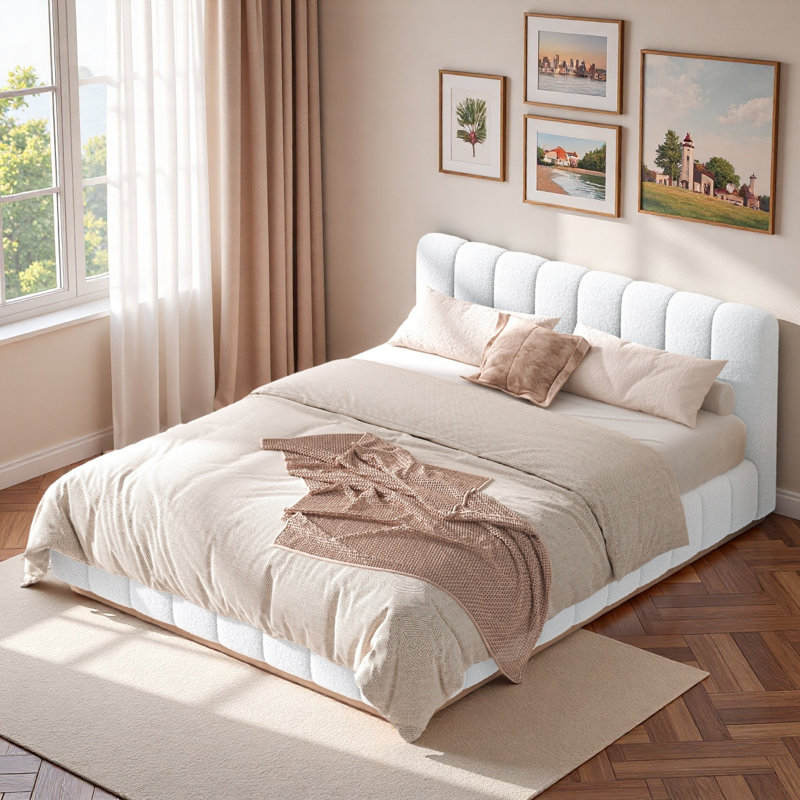 Lit plateforme tapissier avec base en bois naturel et coutures verticales, Queen