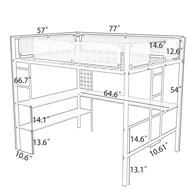 Lit mezzanine double en métal avec tablettes, bureau intégré et échelles