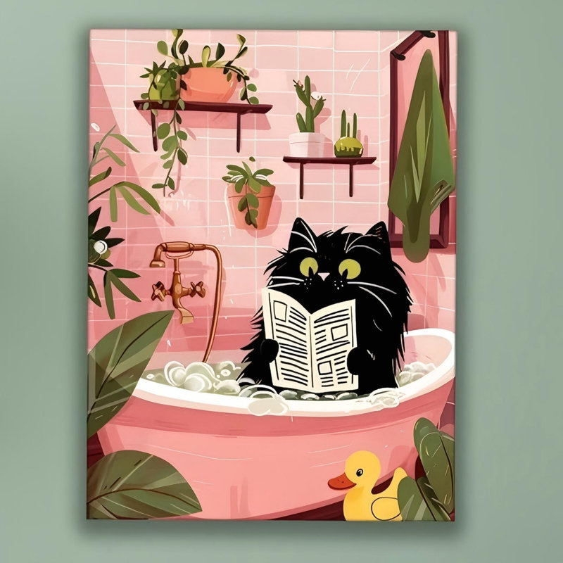 Chat noir lisant le journal, art mural sur toile sans cadre 12 po x 16 po