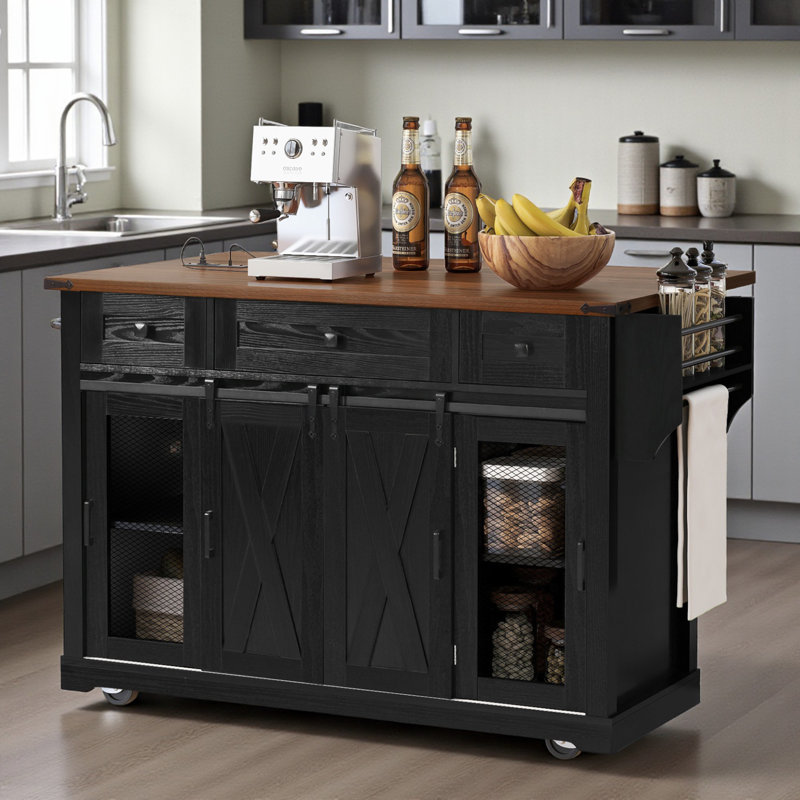 58" Wide Kitchen Island With Drop Leaf, Ash Black