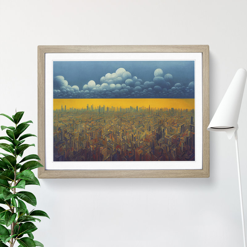 Fierce City Skyline Architecture 1 Piece Single Picture Frame Wall Art, 34cm H x 46cm W x 2cm D, Oak Framed