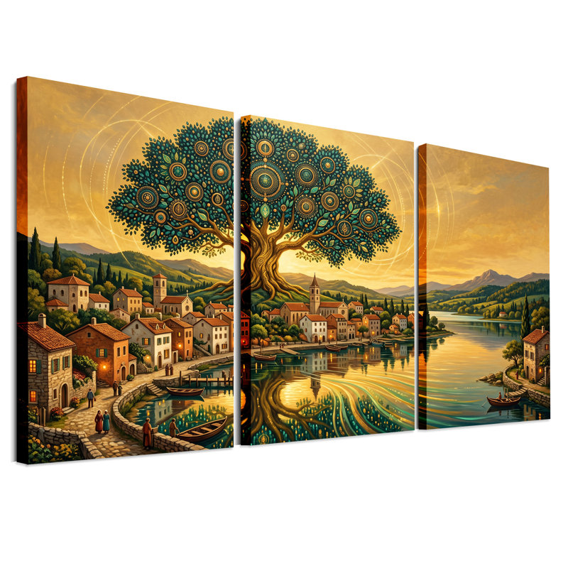 Toile géante à motif d'arbres sur un bord de lac, ensemble de 3 toiles, 36"H x 24"W x 3pcs