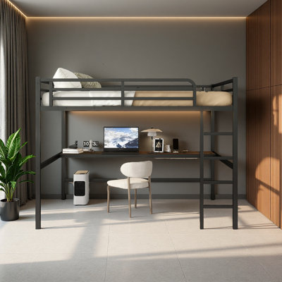 Metal Queen Size Loft Bed With Power Outlet And LED Lighted, Space-Saving, Noise Reduced, Black