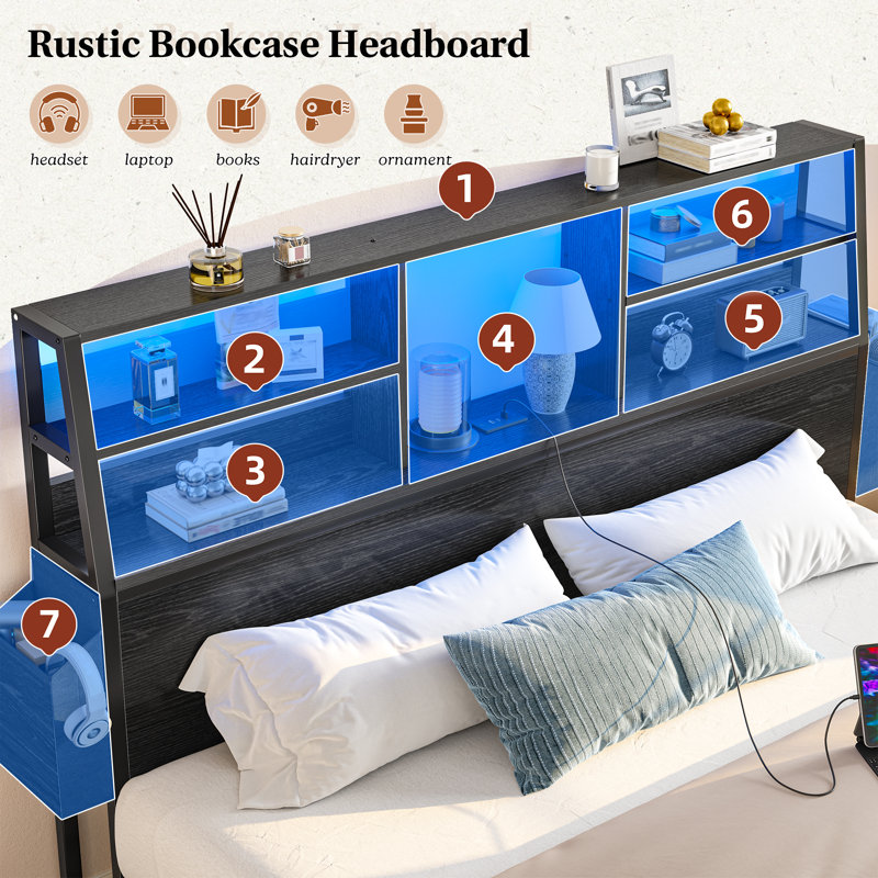 Full Platform Bed Frame with LED Bookcase Headboard & Storage Drawers, balck, F