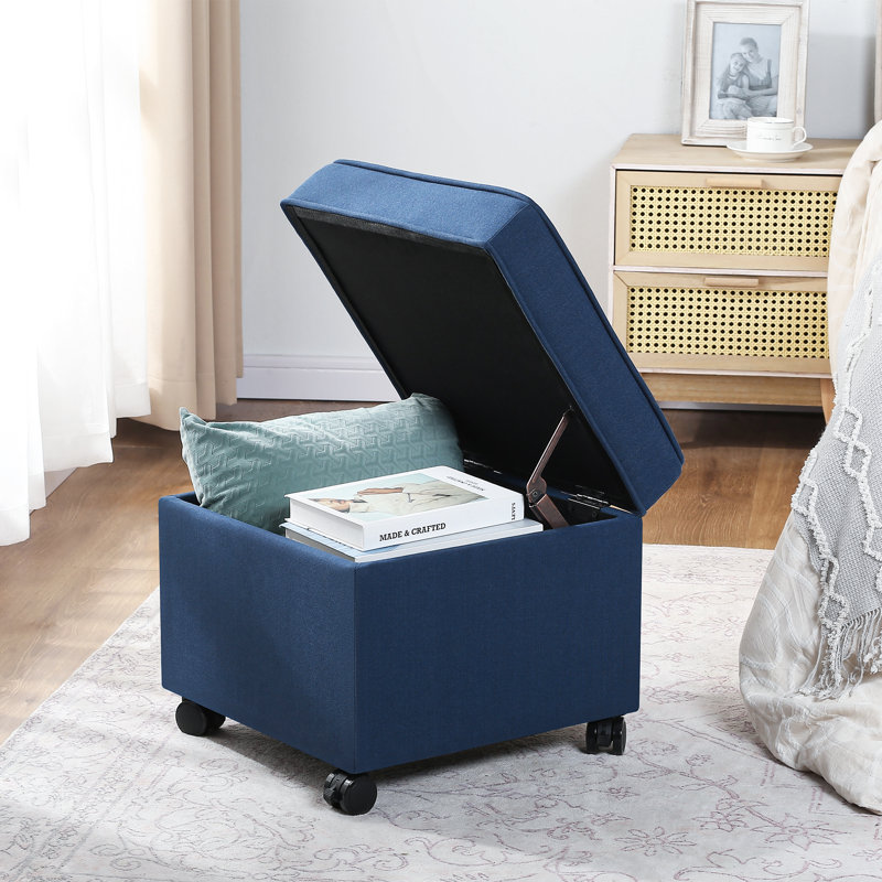 Felixstowe Storage Ottoman Script Fabric With Casters, Dark Blue