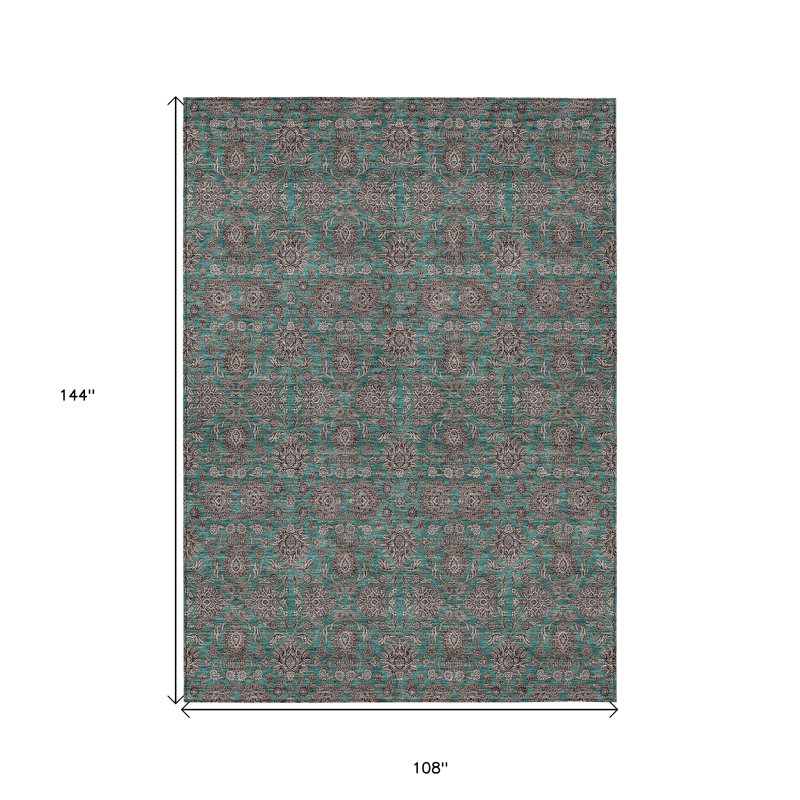 Tapis bleu sarcelle à motif floral beige et taupe 9 'X 12'