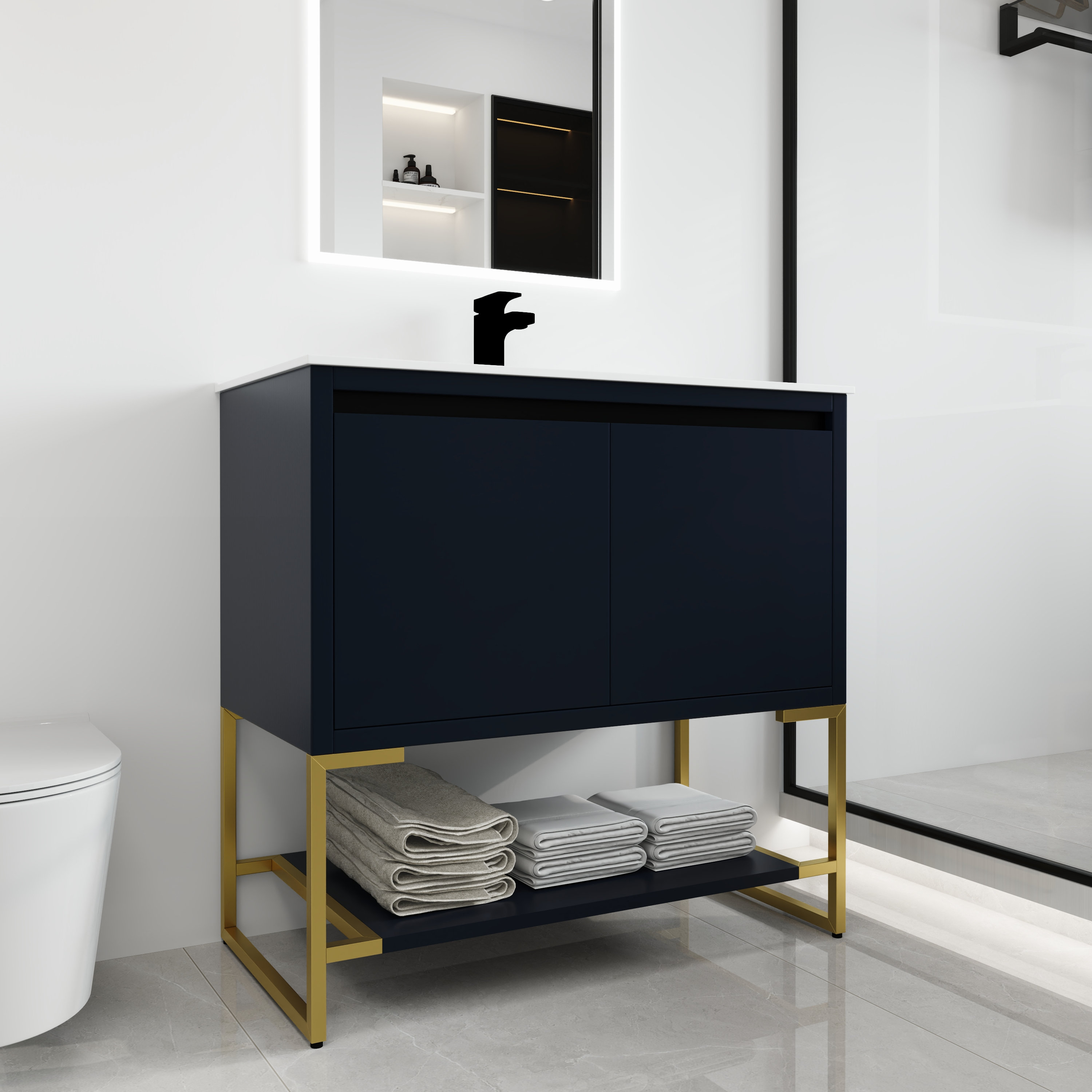 CosmoLiving Leona 36” Bathroom Vanity, Navy with Gold Metal 
