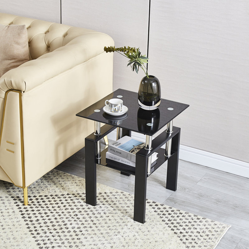 Table de canapé en verre trempé noir, table de bout à 2 niveaux avec rangement, table d'appoint de salon
