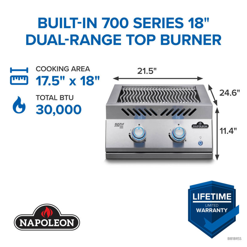 Built-In 700 Series 18" Dual Infrared Burner, Stainless Steel, Natural Gas