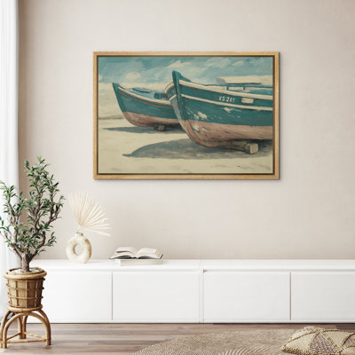 Vintage Row Boats on Beach Coastal Nautical Decor - Framed Canvas Wall Art Print