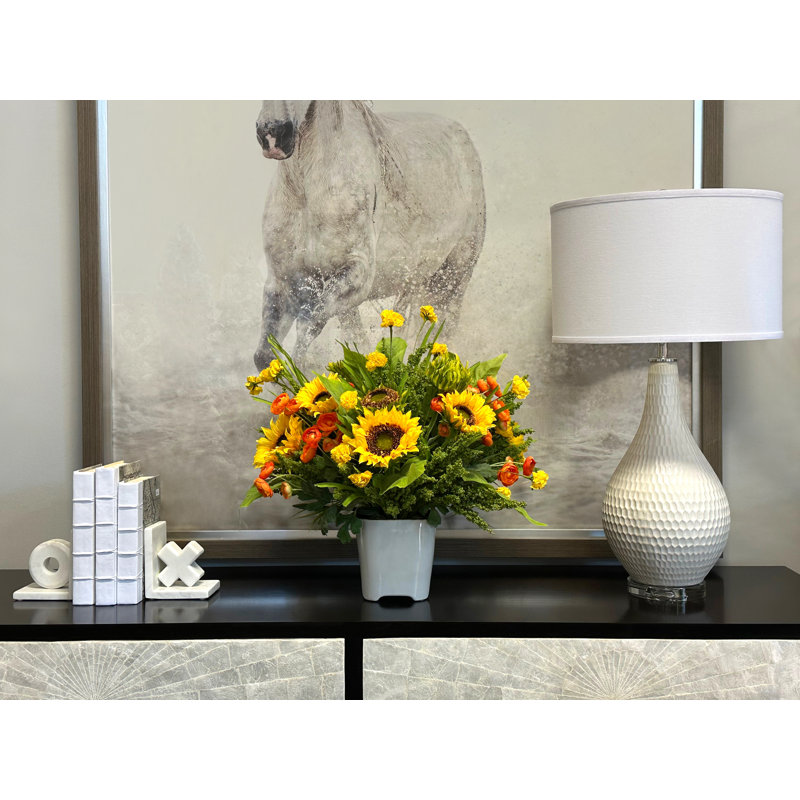Sunflower and Ranunculus arrangement in Ceramic Vase